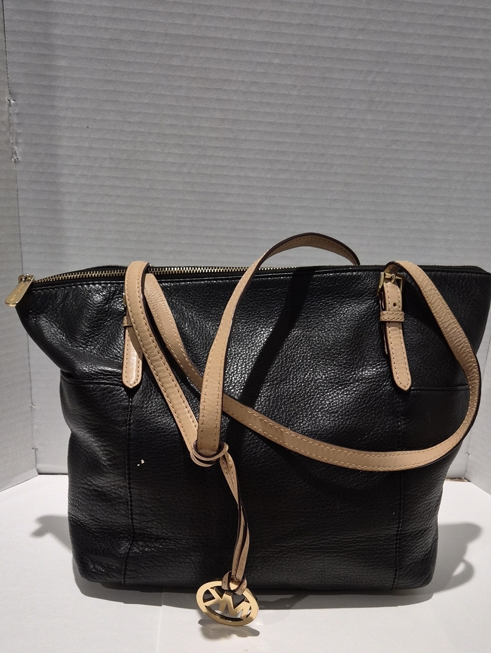Michael Kors Jet Black Leather Shoulder Tote with Beige Straps And Gold Hardware